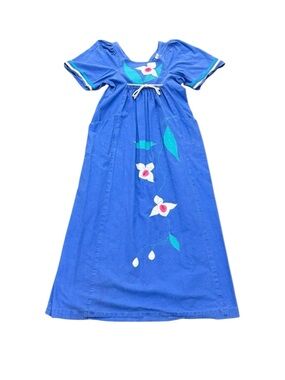 Vintage Women’s Andrade Blue Cotton Floral Maxi Dress Made in Hawaii 1990s